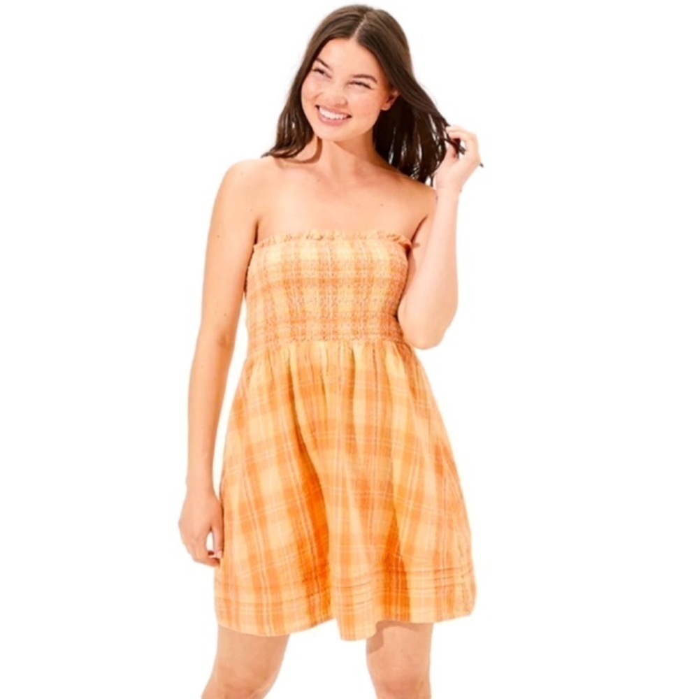 AMERICAN EAGLE Dress Smocked Tube Mini Lined Pale Orange Yellow Plaid Women XL